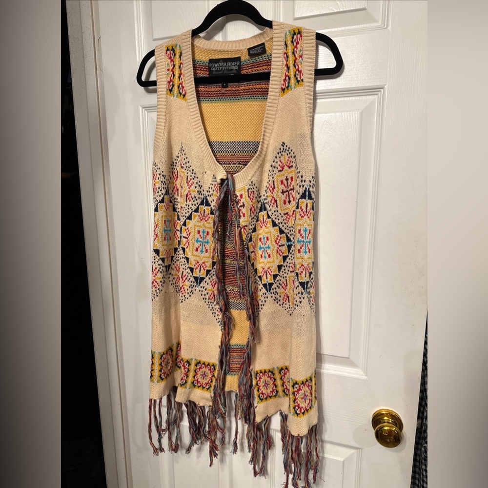 Powder River Outfitters Panhandle S Aztec Fringe Open Cardigan Sweater Vest